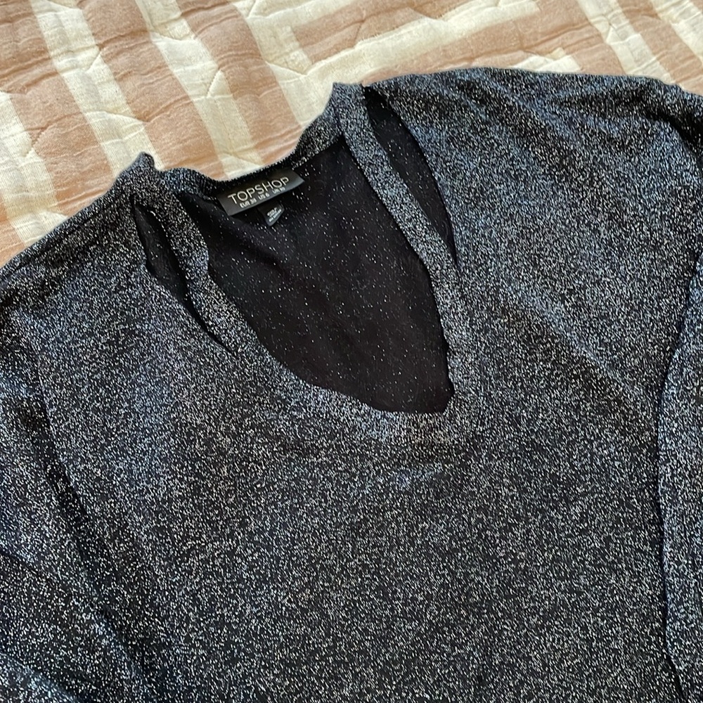 Size 6 TOPSHOP navy & silver sparkly long sleeve, collar detail.